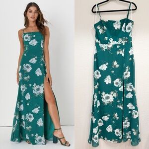 Size L - NWOT Lulus Feeling Elegant Green Floral Print Lace-Up Slit‎ Maxi Dress